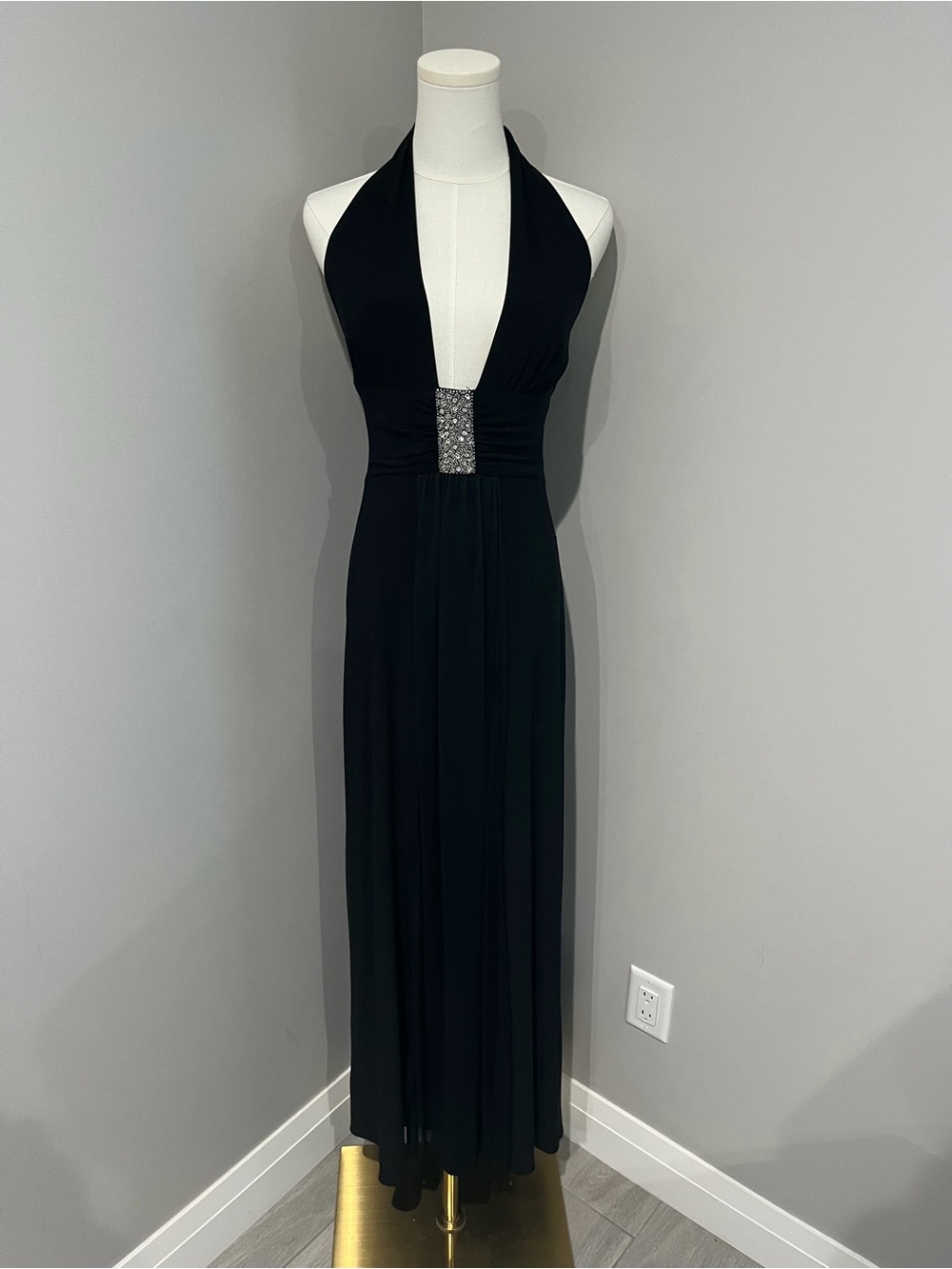 Night Way Collections Black Halter Maxi with Jeweled Waist